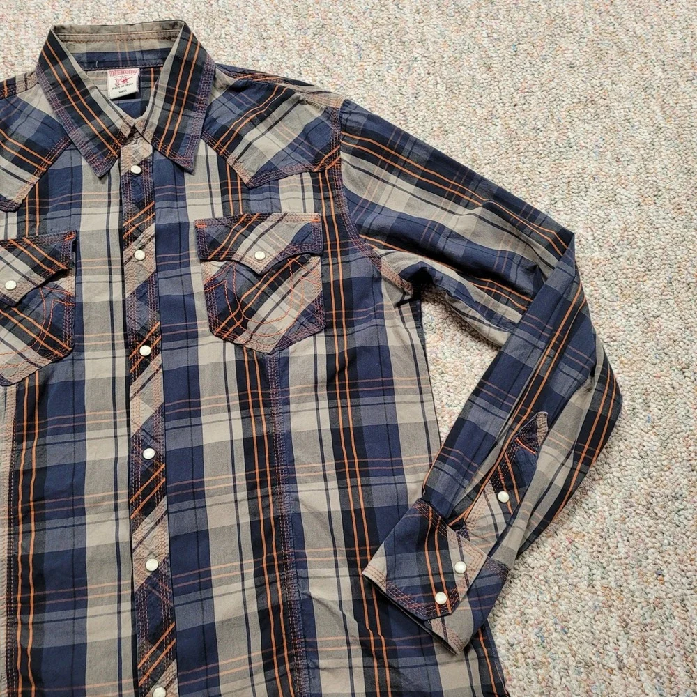 True Religion Western Shirt Mens 3XL Blue Plaid Pearl Snap Long Sleeve Cowboy